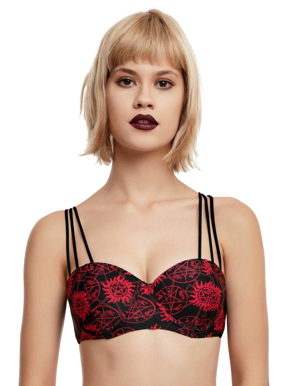 Pentagram Goth Push-Up Bathing Suit Top Black & Red